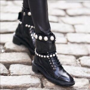 NWT Zara Black Pearl Studded Combat Boots